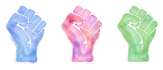 Watercolor raised fist symbols in different colors isolated with transparency
