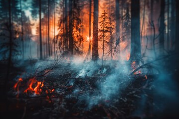 The forest floor burns with a fiery glow. AI.