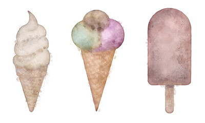 Watercolor illustration of various types of ice cream isolated with transparency