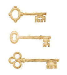 Watercolor golden key illustrations isolated with transparency