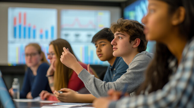Students engaging in a debate about climate change, with charts and graphs displayed, symbolizing informed discourse, upper third copy space