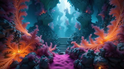 Fototapeta premium A mystical pathway through an alien landscape. AI.