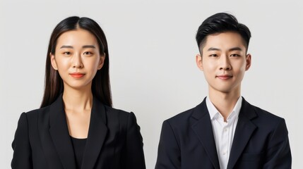 Photo of two young Asian business people on white background : Generative AI
