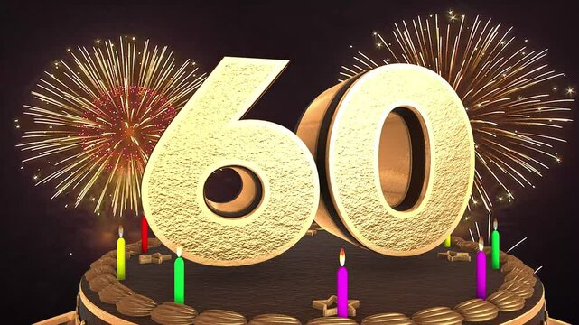 60th birthday chocolate cake animation 3d render in chocolate gold with confetti and balloon background. 4k