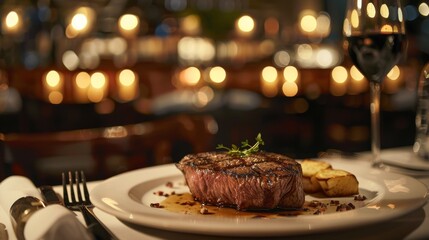 A classic steakhouse ambiance with elegant table settings and steaks served medium rare