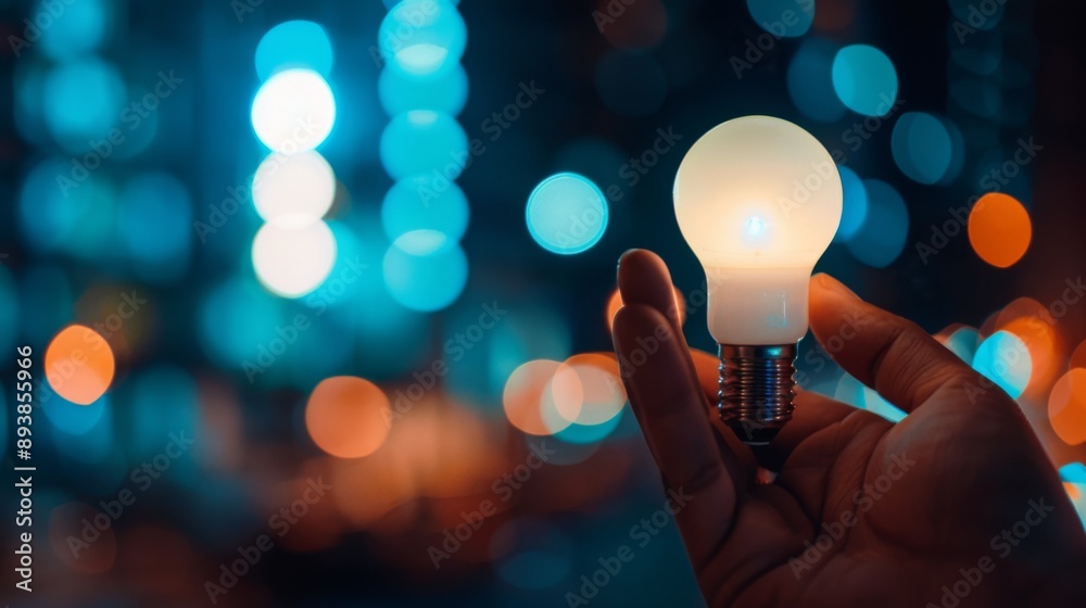 Poster a modern led light bulb held in a person hand, representing energy efficiency and innovation.