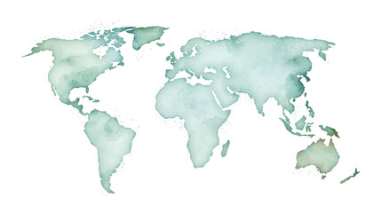 Watercolor world map in green isolated with transparency