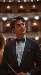 Fototapeta premium A man in a tuxedo holds a violin bow, looking thoughtfully at something off-camera. AI.