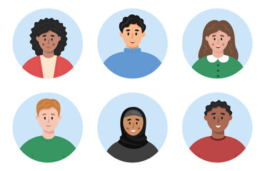 Young people icons. Smiling person round avatars. Diverse people portraits set. Faces of different young man and woman. Vector illustration in flat style.
