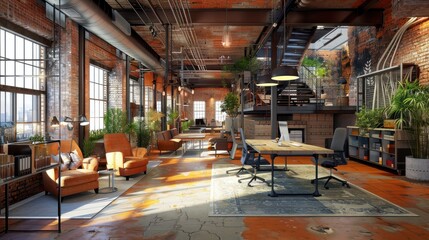 Fototapeta premium Transformation of abandoned warehouses into vibrant coworking spaces, fostering creativity amidst exposed brick walls and industrial aesthetics.