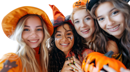 Friends Taking a Halloween Selfie, Capturing Festive Moments in Creative Costumes, Fun and Spooky Celebration, png file, isolated on white