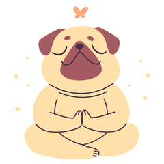 Cute vector illustration. Pug dog sitting in lotus pose and meditating. Vector illustration. Vector illustration