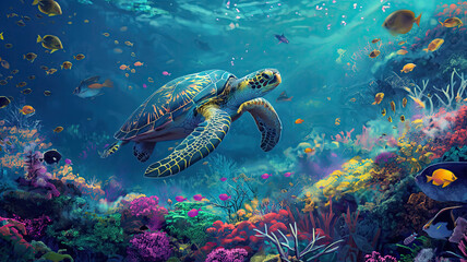 Fototapeta premium underwater coral reef with colorful fish and turtle. marine life. generative AI