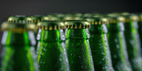Row of green glass beer bottles condensing in a cooler