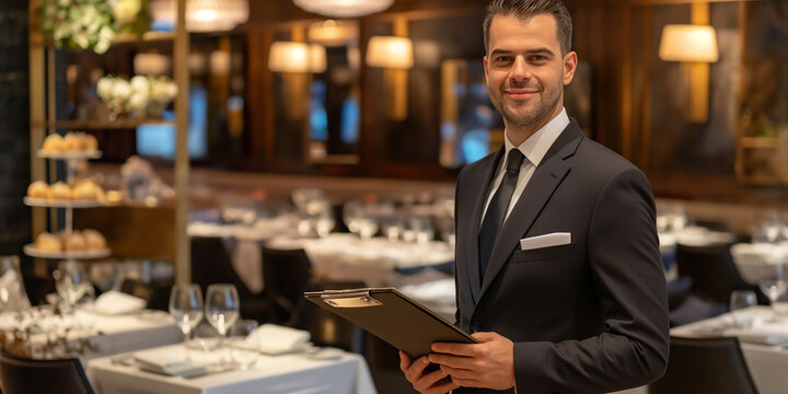 Restaurant manager holding menu and smiling in upscale restaurant
