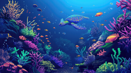 Obraz premium underwater coral reef with colorful fish and turtle. marine life. generative AI