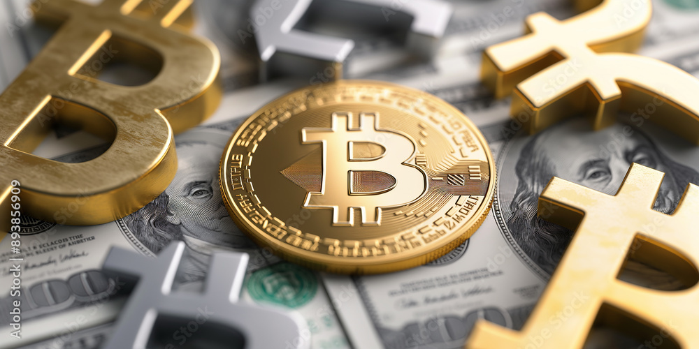 Poster golden bitcoin coin resting on us dollar bills with other currency symbols