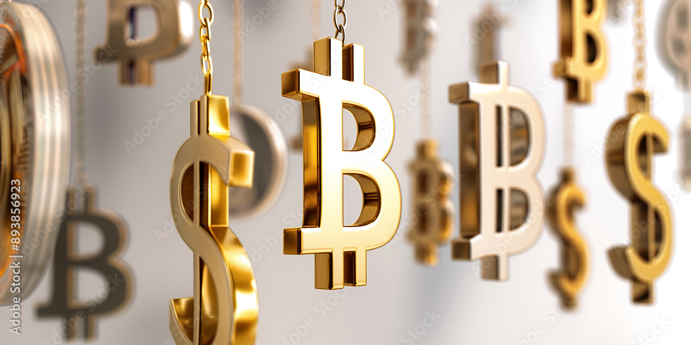 Aufkleber golden bitcoin and dollar symbols hanging on chains representing the choice between traditional curr