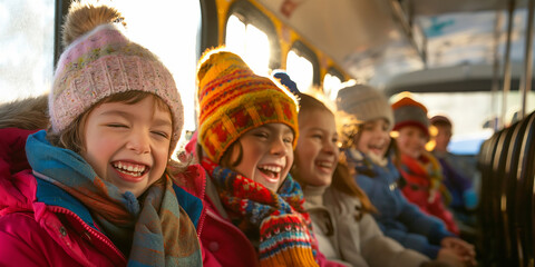 Group of children laughing while riding a school bus in winter