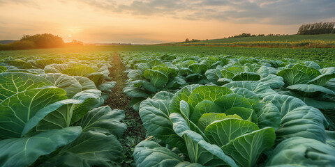 Sunset illuminating a field of cabbages growing in rows