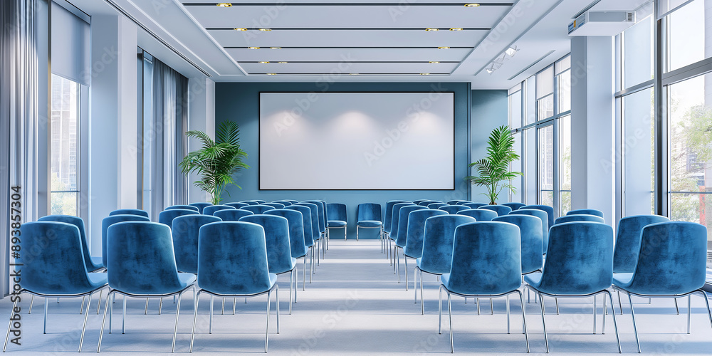 Poster modern conference hall with empty seats facing projection screen