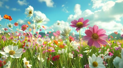 Fototapeta premium Beautiful Flower Field with Blue Sky and Clouds