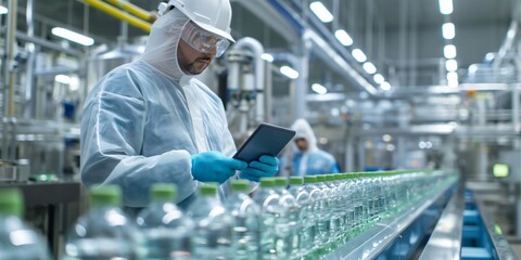 Technician using digital tablet while monitoring production line in bottling factory