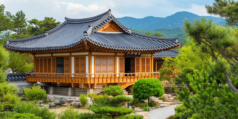 Fototapeta premium Traditional korean house standing in a lush garden with mountains in background