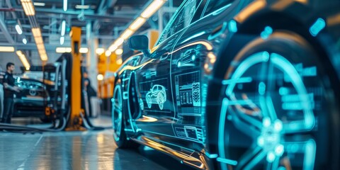 EV electric vehicle technology industry concept, futuristic virtual graphic touch user interface on screen with auto repair garage blurred on background 