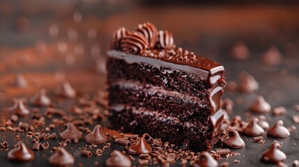 A closeup of a chocolate cake slice with frosting and chocolate chips