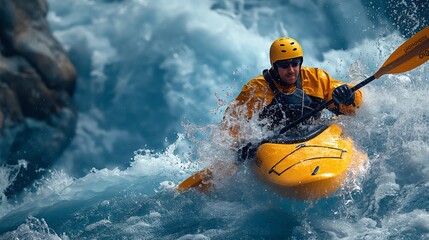 Man Kayaking in Rapid Waters, Ideal for Adventure and Sports Concepts