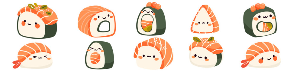 Set of vector illustrations in kawaii style. Cute smiling rolls and sushi on white background . Vector illustration
