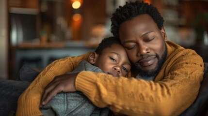 Fototapeta premium A touching image shows a Black man and boy in a cozy embrace on a couch, radiating peace and love. The man's arm around the boy signifies comfort and protection, creating an and loving atmosphere.