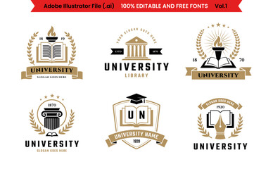 University, college, school or academy classic style logo set Vol 1. Education label, emblem or badge collection with editable text.