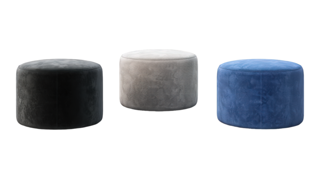 Collection Of Assorted Ottoman Stools Black Grey And Blue For Home Interiors And Advertising isolated on transparent background. Generative ai