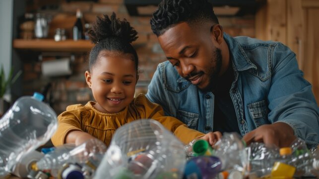 A man and a girl sort plastic bottles in a cozy room, sharing a pleasant moment. The image conveys a warm, friendly atmosphere in their recycling activity.