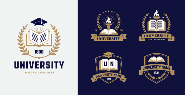 University, library, school, academy logo set with open book, graduation hat and torch icons in classic style. Education emblem or label design collection.