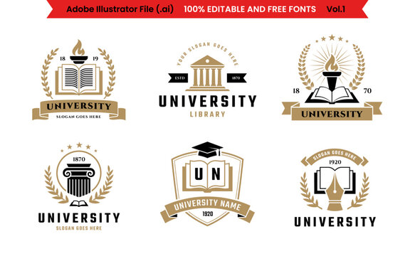 University, college, school or academy classic style logo set Vol 1. Education label, emblem or badge collection with editable text.