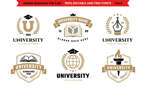 University, college, school or academy classic style logo set Vol 2. Education label, emblem or badge collection with editable text.