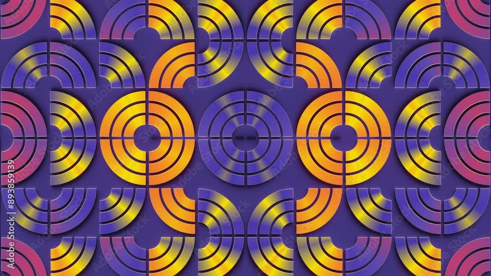 Fototapete Digital seamless loop animation of a symmetrical pattern of intertwining shapes with a combination of yellow, orange and magenta colors. Abstract and modern style. 3d rendering. 4K UHD resolution