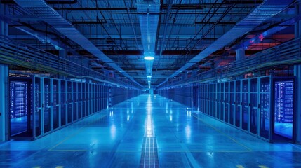 A long corridor in a data center illuminated by blue lights and lined with rows of server racks