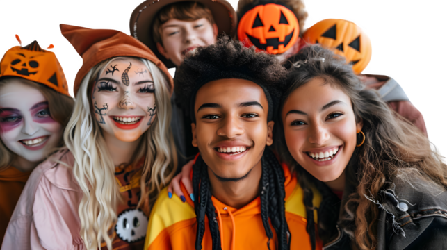 Friends Taking a Halloween Selfie, Capturing Festive Moments in Creative Costumes, Fun and Spooky Celebration, png file, isolated on white