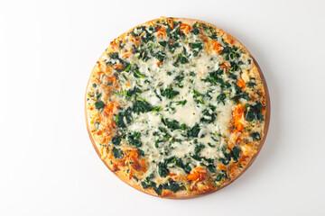 Vegetarian pizza with spinach, arugula, pesto, cheese and parmesan. Italian cuisine. 