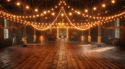A rustic barn interior with string lights illuminating the wooden floor