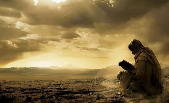 Man in the desert reading a book in biblical times. Religious concept with copy space 