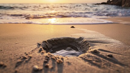 Tranquil Scene of Sandy Beach at Sunset with Glowing Sky, Small Water-filled Hole Reflecting Colors, and Gentle Waves Lapping at Shore