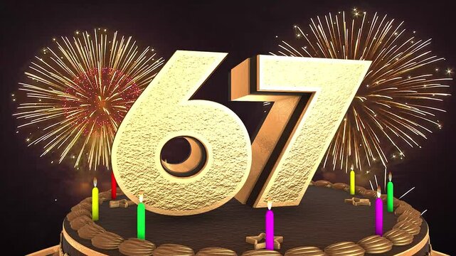 67th birthday chocolate cake animation 3d render in chocolate gold with confetti and balloon background. 4k