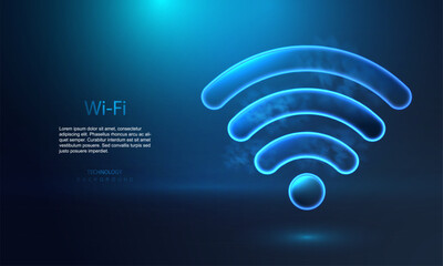 Wifi symbol icon, wireless network digital innovation concept, free internet zone symbol, futuristic technology with blue neon glow in the clouds, vector business connect background