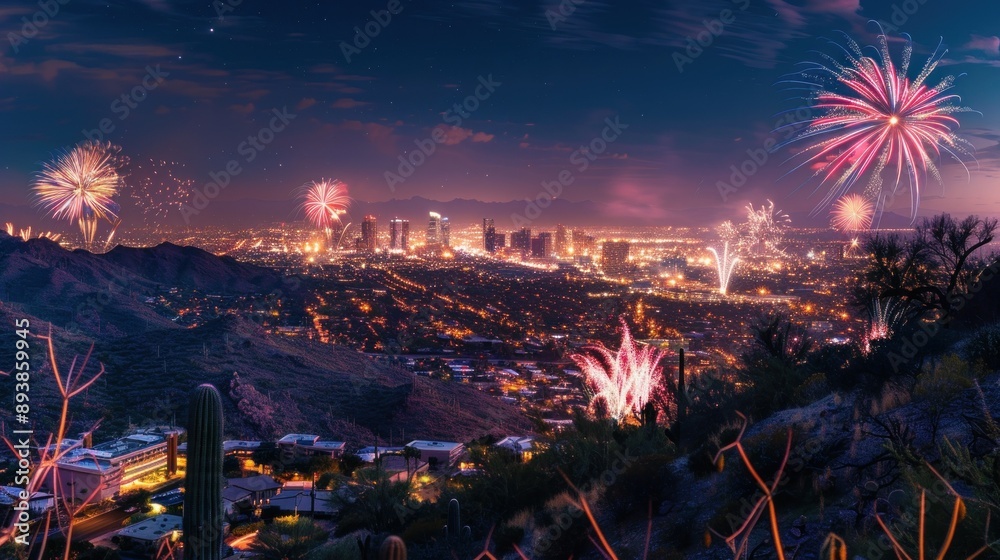 Poster a panoramic view of a city skyline with fireworks exploding in the night sky
