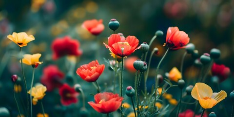 Fototapeta premium Close Up Of Red And Yellow Flowers In A Field
